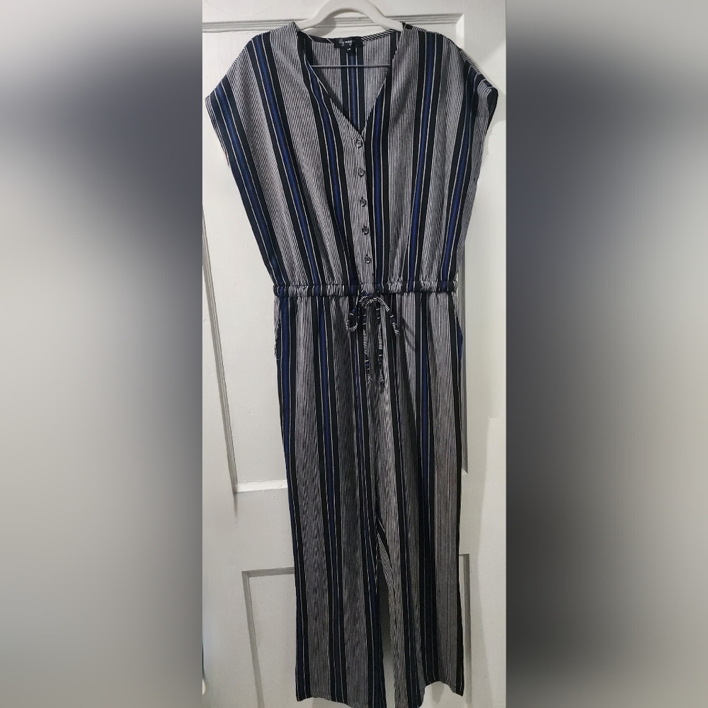 Lily Morgan Striped Jumpsuit Wide Leg V-Neck Blue Black White size:L - Picture 2 of 5